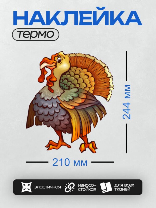 Термонаклейка на одежду DTF / Мультяшный индюк с ярким хвостом и красным гребнем.