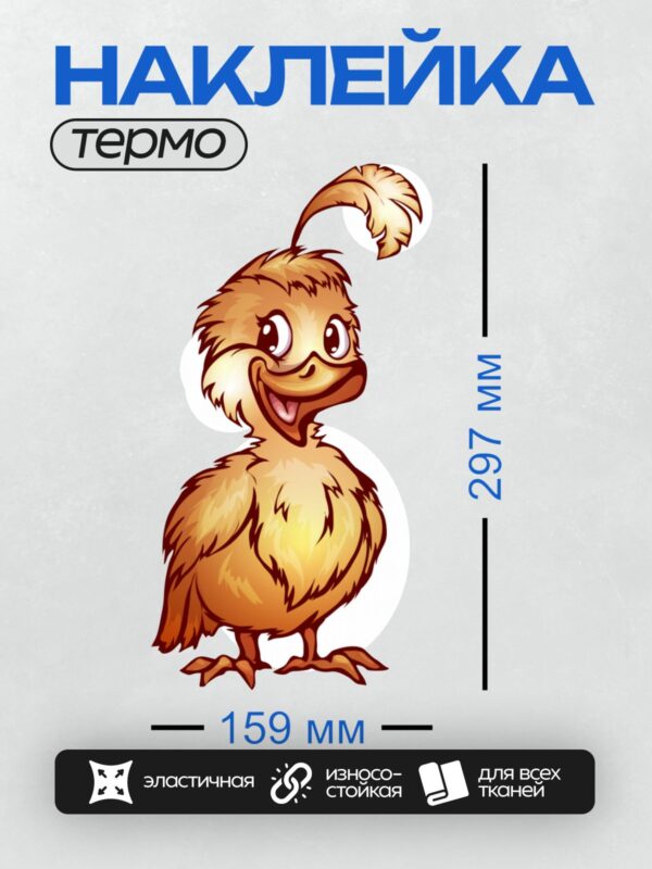 Термонаклейка на одежду DTF / Мультяшный утёнок с хохолком и широкой улыбкой.