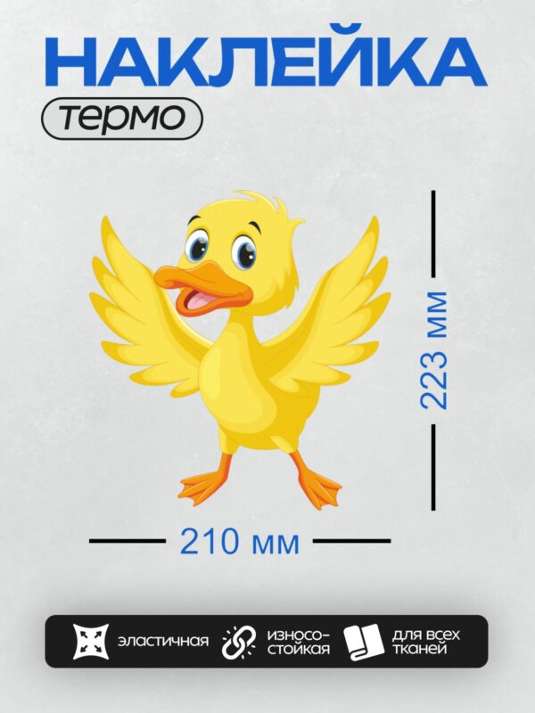 Термонаклейка на одежду DTF / Мультяшный утёнок с большими крыльями и яркими глазами.