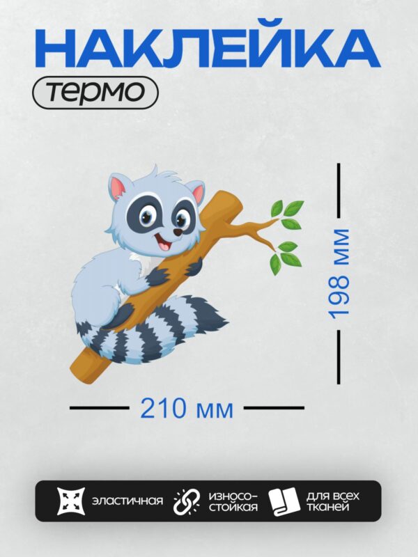 Термонаклейка на одежду DTF / Мультяшный енот с большими глазами на ветке.