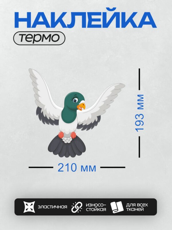 Термонаклейка на одежду DTF / Мультяшный голубь с яркими глазами и оранжевым клювом.