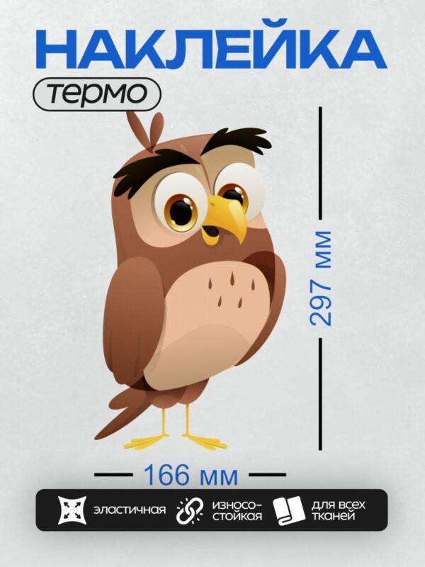 Термонаклейка на одежду DTF / Мультяшная сова с большими глазами и желтым клювом.