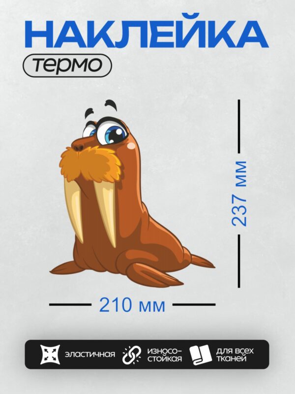 Термонаклейка на одежду DTF / Мультяшный морж с большими глазами и усами.