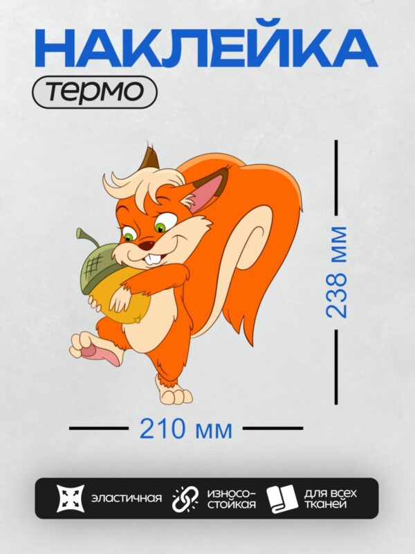 Термонаклейка на одежду DTF / Мультяшная рыжая белка с орехом в лапках.