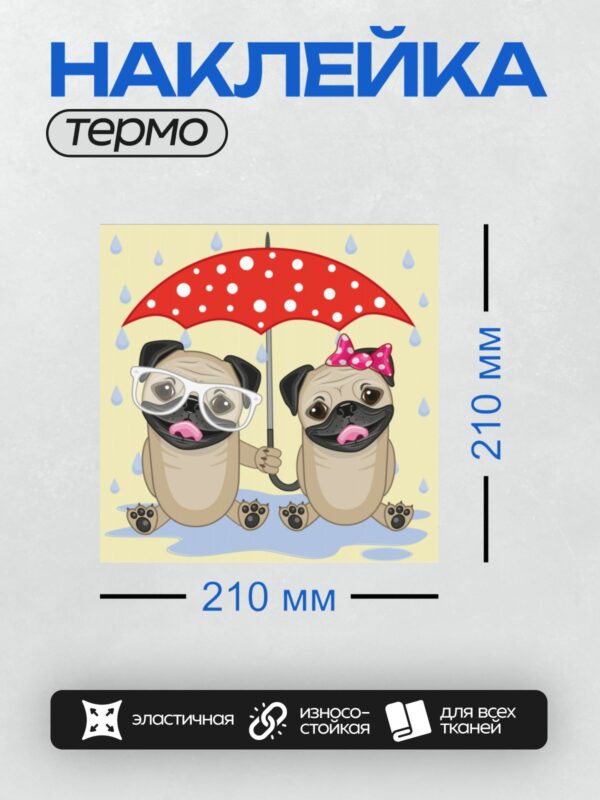 Термонаклейка на одежду DTF / Два мопса под красным зонтом в дождь.