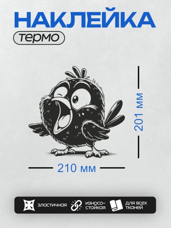 Термонаклейка на одежду DTF / Мультяшный ворон с большими глазами и клювом.