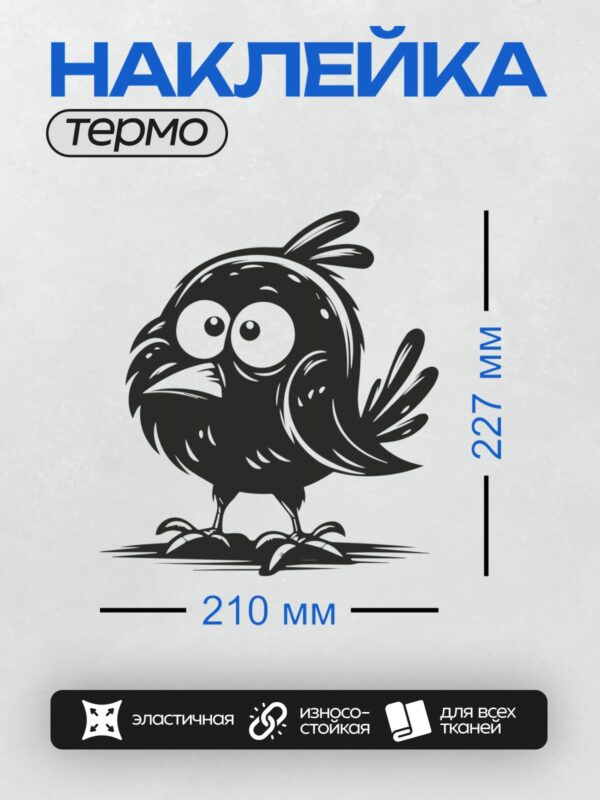 Термонаклейка на одежду DTF / Чёрная мультяшная птица с большими глазами и хохолком.
