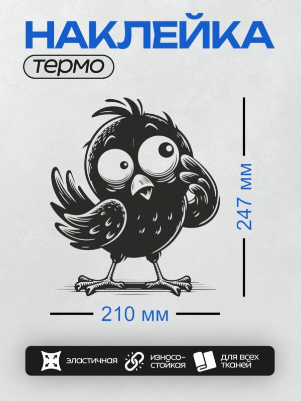 Термонаклейка на одежду DTF / Чёрная мультяшная птица с большими глазами и поднятым крылом.