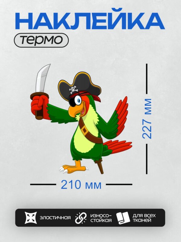 Термонаклейка на одежду DTF / Мультяшный попугай в пиратской шляпе с мечом.