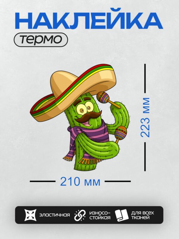 Термонаклейка на одежду DTF / Кактус в сомбреро, с усами и маракасами.