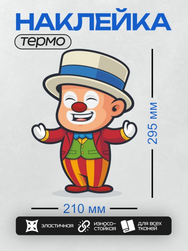Термонаклейка на одежду DTF / Весёлый мультяшный клоун в яркой одежде и шляпе.