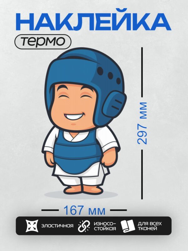 Термонаклейка на одежду DTF / Мультяшный персонаж в защитном снаряжении для тхэквондо.