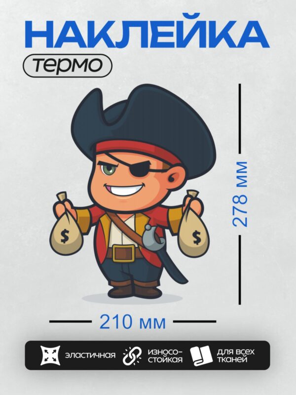 Термонаклейка на одежду DTF / Мультяшный пират с мешками денег и повязкой на глазу.