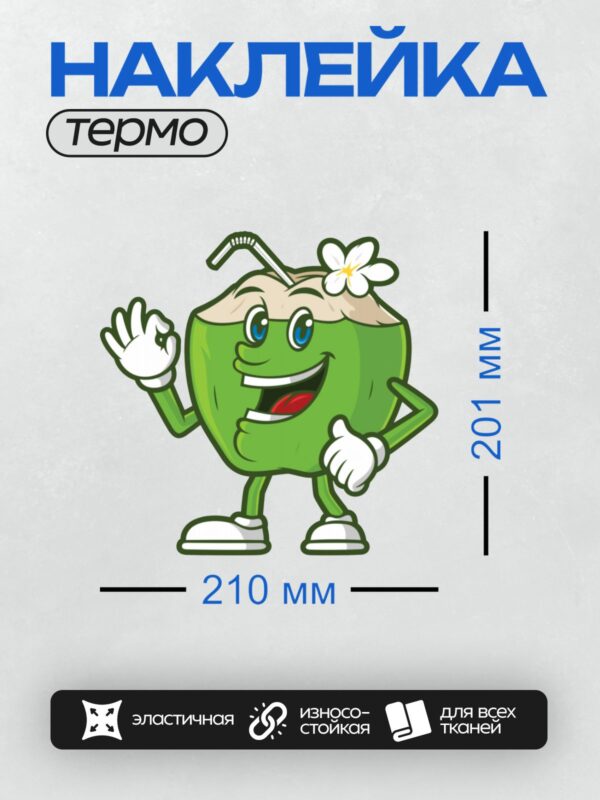Термонаклейка на одежду DTF / Мультяшный кокос с трубочкой и цветком.