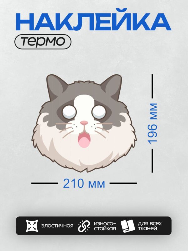 Термонаклейка на одежду DTF / Маска в виде мордочки кота с большими глазами.