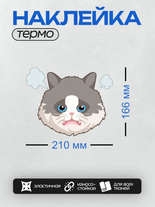 Термонаклейка на одежду DTF / Мультяшный кот с голубыми глазами и белыми облаками.