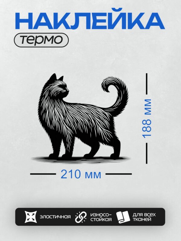 Термонаклейка на одежду DTF / Черный кот с длинным хвостом, стилизованный силуэт.