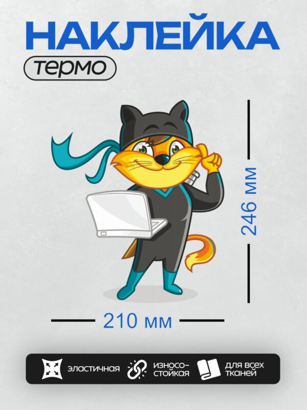 Термонаклейка на одежду DTF / Мультяшный кот в костюме супергероя с ноутбуком.