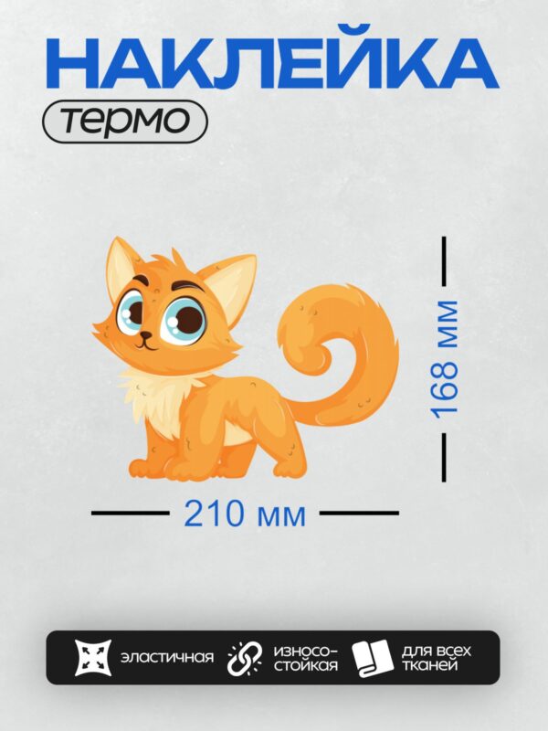 Термонаклейка на одежду DTF / Мультяшный рыжий котёнок с большими глазами и закрученным хвостом.