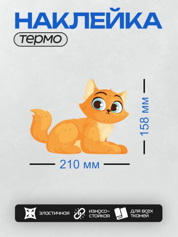 Термонаклейка на одежду DTF / Мультяшный рыжий кот с большими глазами и пушистым хвостом.