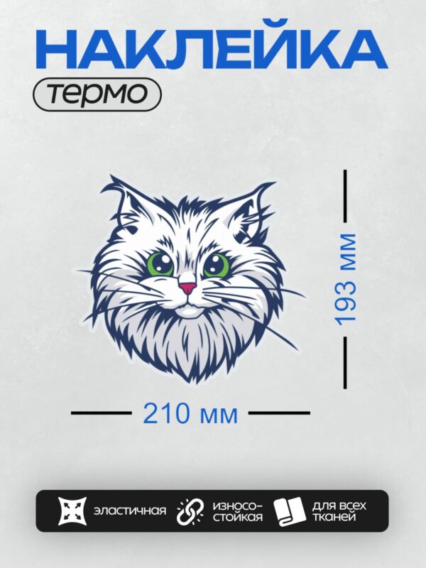 Термонаклейка на одежду DTF / Мультяшный кот с пушистой шерстью и зелёными глазами.