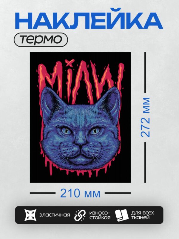 Термонаклейка на одежду DTF / Синий кот с надписью "Miaw" в стиле граффити.