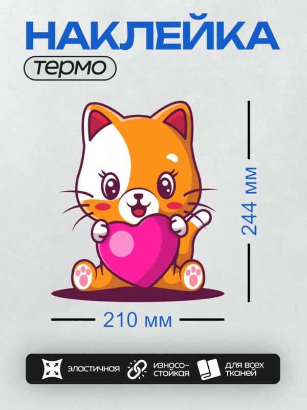 Термонаклейка на одежду DTF / Рыжий кот с белыми лапками держит розовое сердце.