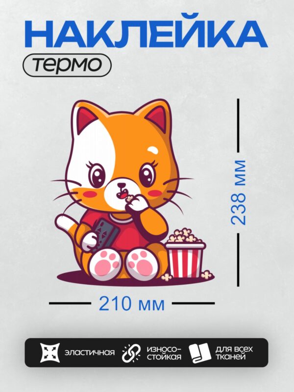 Термонаклейка на одежду DTF / Мультяшный кот с попкорном и пультом.