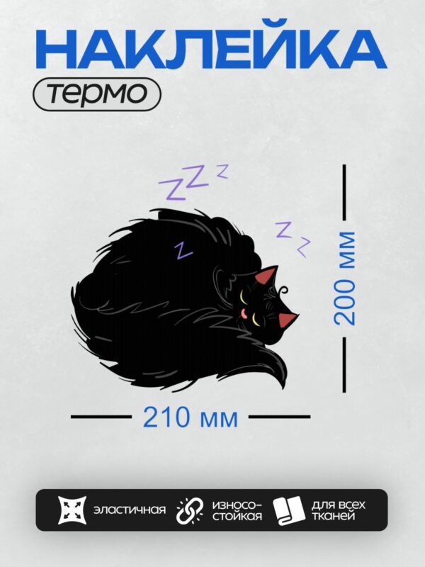 Термонаклейка на одежду DTF / Черный кот спит, свернувшись клубочком.