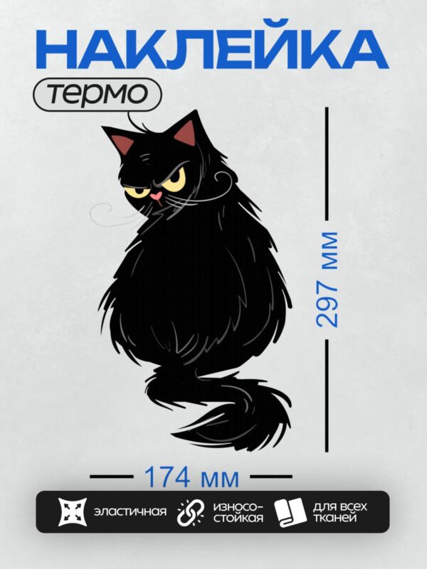 Термонаклейка на одежду DTF / Черный кот с желтыми глазами и розовым носом.