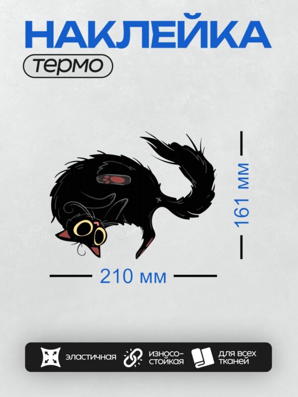 Термонаклейка на одежду DTF / Черный мультяшный кот с большими глазами и полосатым хвостом.