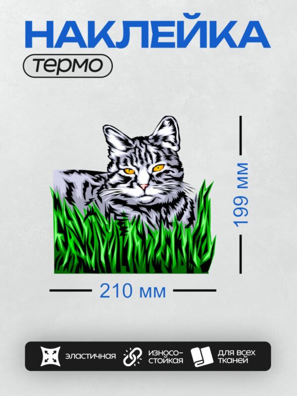Термонаклейка на одежду DTF / Мультяшный полосатый кот с яркими глазами в траве.