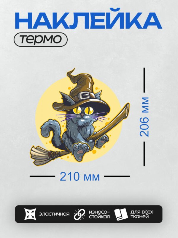 Термонаклейка на одежду DTF / Серый кот в шляпе ведьмы на метле.