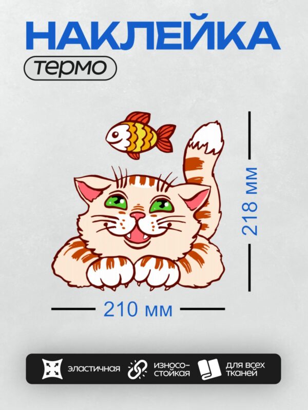 Термонаклейка на одежду DTF / Рыжий кот с зелёными глазами и мультяшная рыбка.