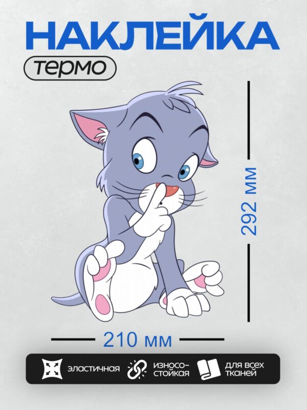 Термонаклейка на одежду DTF / Мультяшный кот Том с большими глазами и белыми лапами.