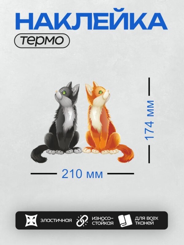 Термонаклейка на одежду DTF / Чёрный и рыжий мультяшные коты с зелёными глазами.