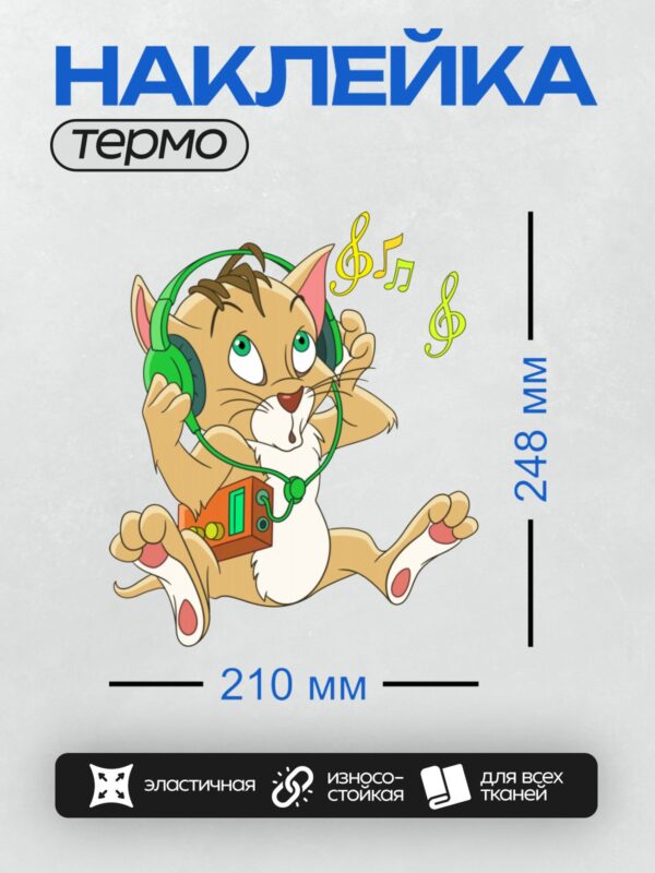 Термонаклейка на одежду DTF / Мультяшный кот в наушниках слушает музыку.