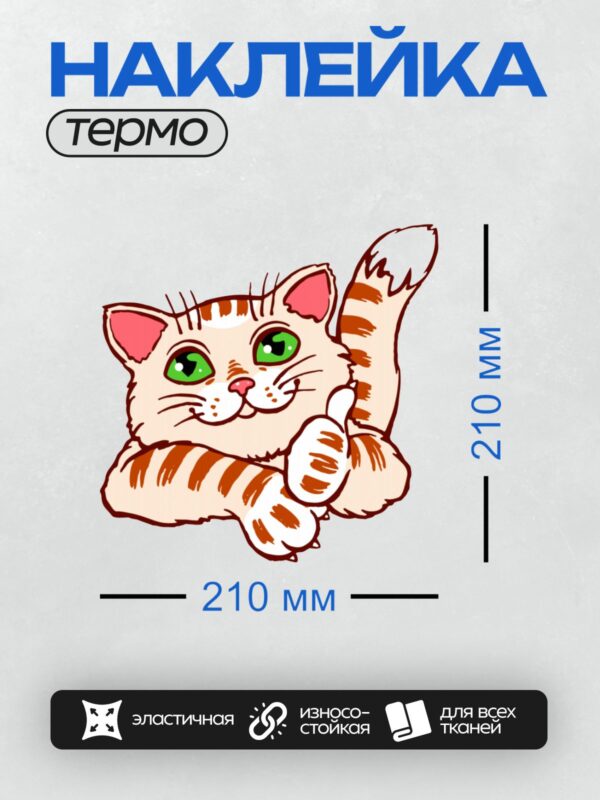 Термонаклейка на одежду DTF / Мультяшная кошка с зелёными глазами и полосатым хвостом.
