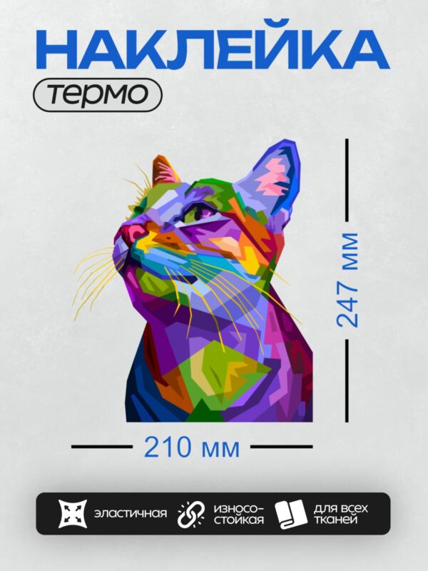 Термонаклейка на одежду DTF / Кошка в стиле поп-арт, яркие цвета, геометрические формы.