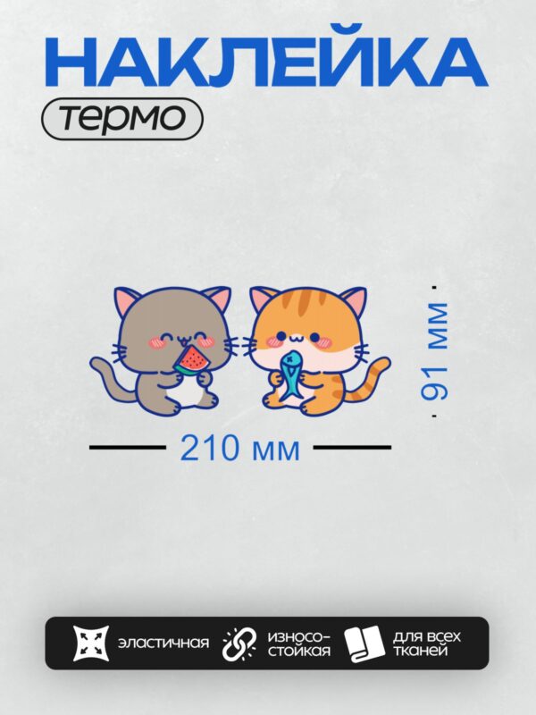 Термонаклейка на одежду DTF / Два милых котика: серый с арбузом, рыжий с рыбой.