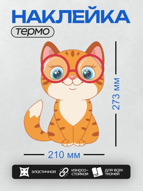 Термонаклейка на одежду DTF / Мультяшный рыжий котёнок в красных очках.