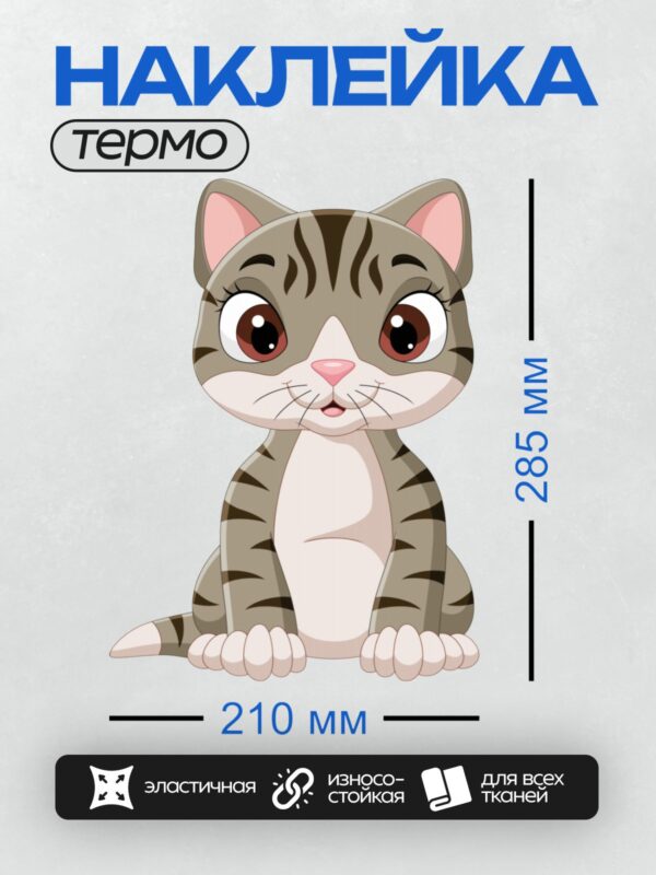 Термонаклейка на одежду DTF / Мультяшный полосатый котёнок с большими глазами.