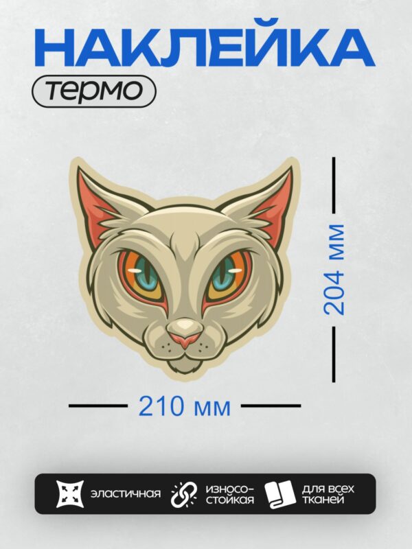 Термонаклейка на одежду DTF / Мультяшная кошка с большими яркими глазами.
