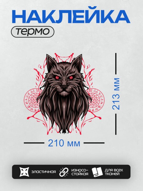 Термонаклейка на одежду DTF / Черный кот с красными глазами и магическими символами.