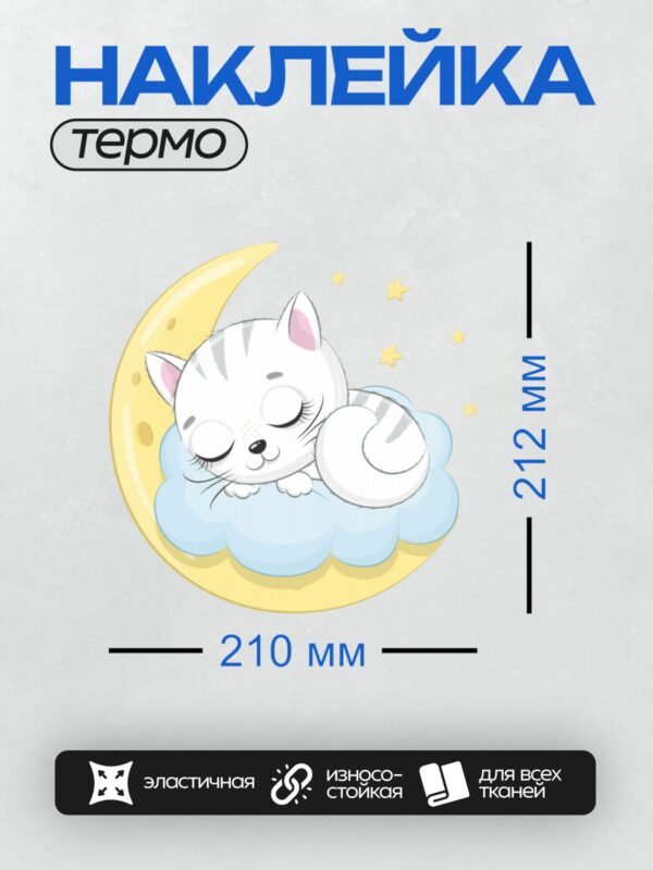 Термонаклейка на одежду DTF / Милый котёнок спит на облаке в форме луны.