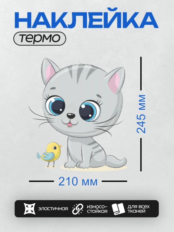 Термонаклейка на одежду DTF / Милый серый котёнок с большими голубыми глазами и маленькая жёлтая птичка.