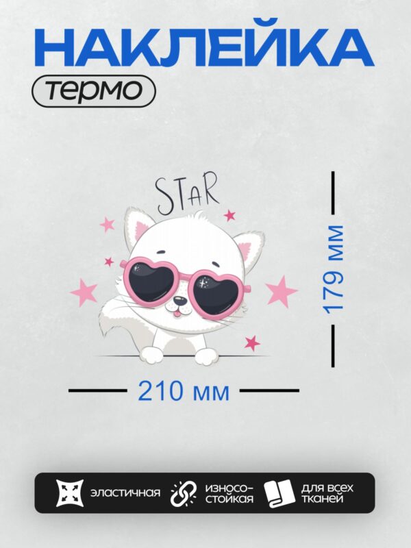 Термонаклейка на одежду DTF / Белый кот в розовых очках в форме сердца, вокруг звезды, сверху написано "STAR".