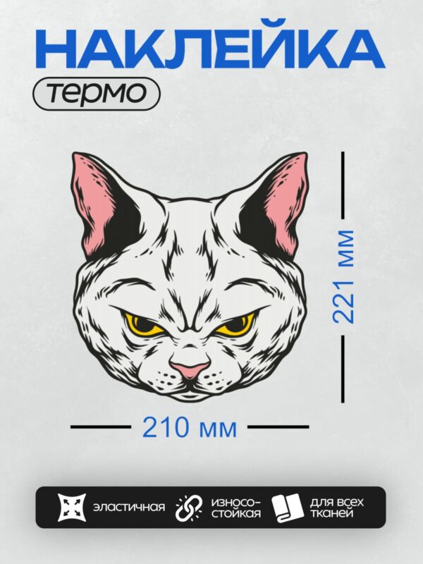Термонаклейка на одежду DTF / Мультяшный кот с жёлтыми глазами и сердитым взглядом.