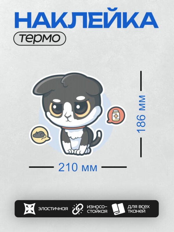 Термонаклейка на одежду DTF / Мультяшный черно-белый кот с большими глазами.