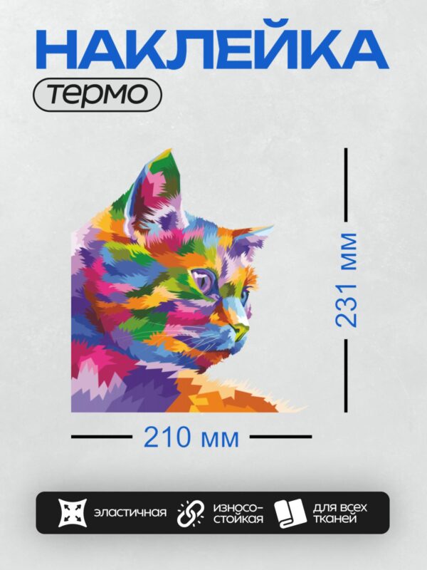 Термонаклейка на одежду DTF / Красочный кот в стиле поп-арт.